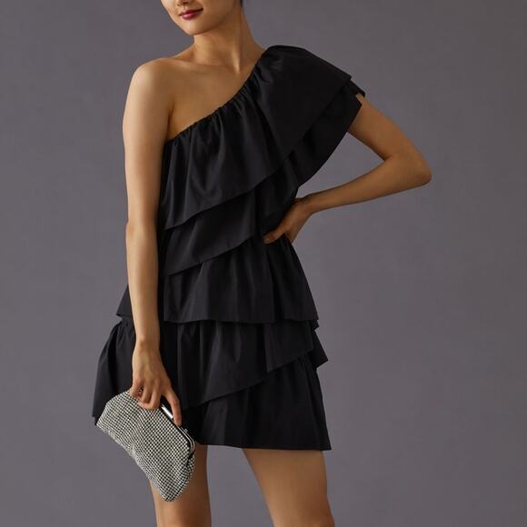 Anthropologie Endless Rose One-Shoulder Ruffled Tiered Mini Dress Black X-LARGE - Picture 1 of 10